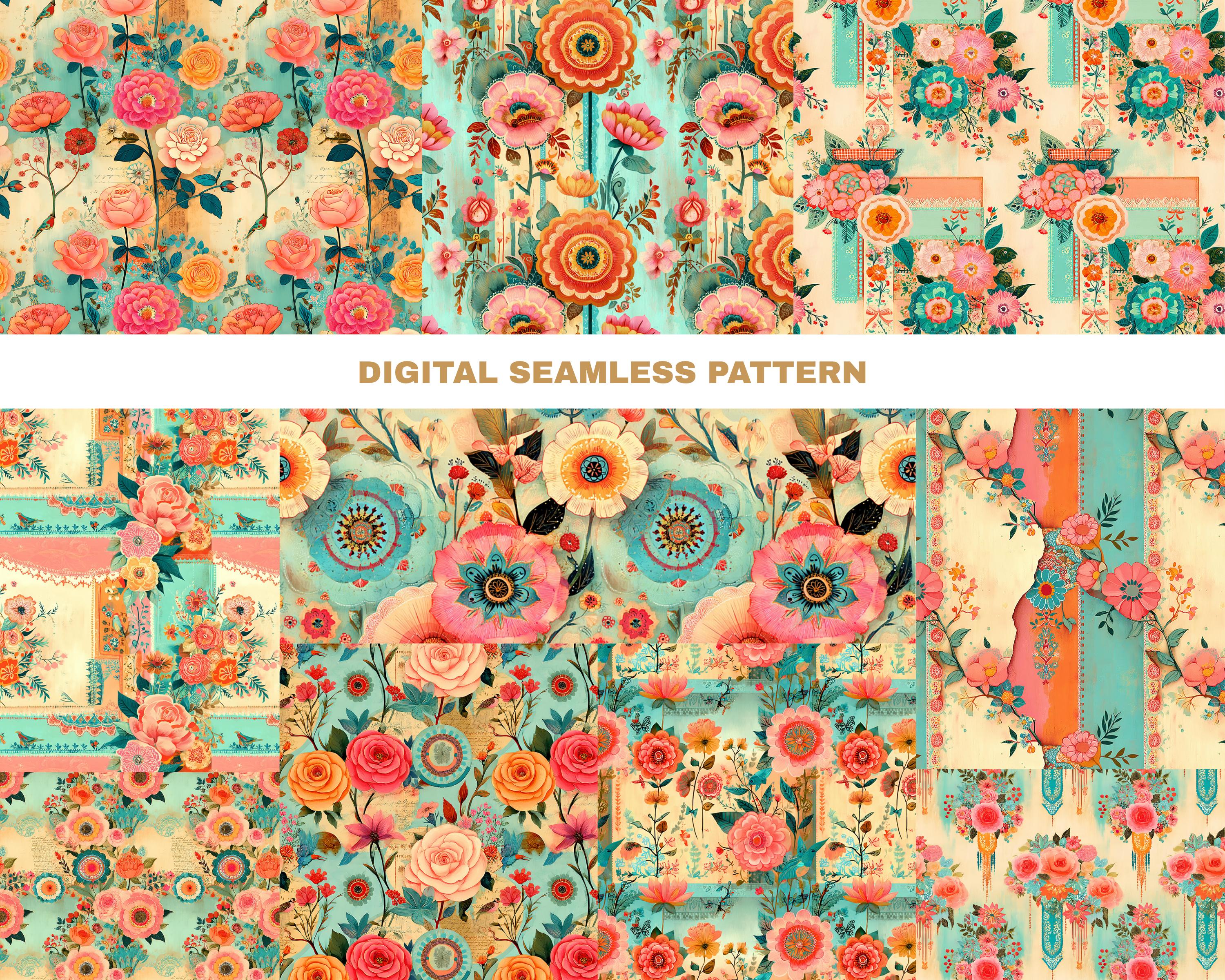 Vintage Boho Floral Seamless Pattern Bundle Soft Retro Cottagecore ...