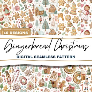 Op de afbeelding: Een verzameling van tien digitale naadloze patronen met een Gingerbread Christmas thema. De patronen bevatten peperkoekmannen, huizen, sterren en andere feestelijke elementen in bruin, rood en groen. De tekst "Gingerbread Christmas" is inbegrepen.