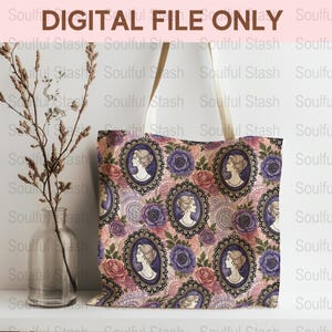 Vintage Floral and Portrait Pattern Tote Bag, Elegant Fabric Design, Digital File