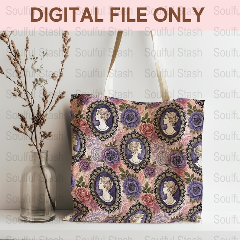 Vintage Floral and Portrait Pattern Tote Bag, Elegant Fabric Design, Digital File