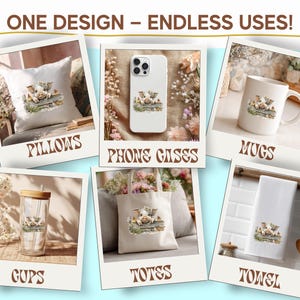 May include: A collage of products featuring a pig design: a pillow, phone case, mug, cup, tote bag, and towel. The pig is depicted in a watercolor style, surrounded by flowers. The text "ONE DESIGN - ENDLESS USES!" is at the top.