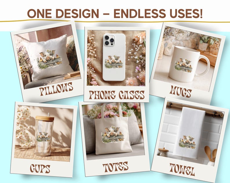 May include: A collage of products featuring a pig design: a pillow, phone case, mug, cup, tote bag, and towel. The pig is depicted in a watercolor style, surrounded by flowers. The text "ONE DESIGN - ENDLESS USES!" is at the top.