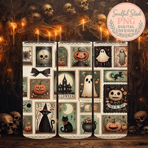 Vaso delgado de 20 oz con sello vintage de bruja de Halloween, envoltura para taza, diseños de sublimación, descarga digital PNG, idea de regalo, vaso delgado recto