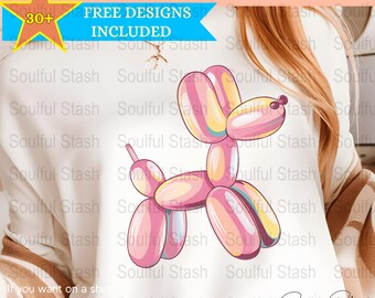 Pastel Dog Balloon Animal Art PNG, Kids Digital Download, Unique Sublimation Design, Birthday Party Gift Idea, Shirt Graphic, Commercial Use