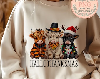 Highland Cows Hollothanksmas PNG, TShirt Design, Shirt Graphic, Sublimation Design, Digital Download