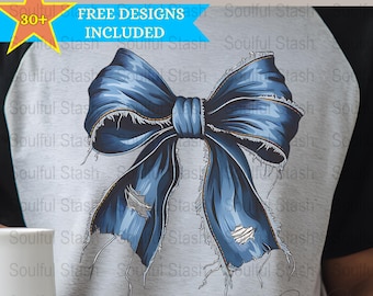 Denim Blue Bow Bundle, Western Cowgirl PNG, Coquette Digital Download, Sublimation Design, Gift Idea, Worn Blue Jean Shirt Graphic