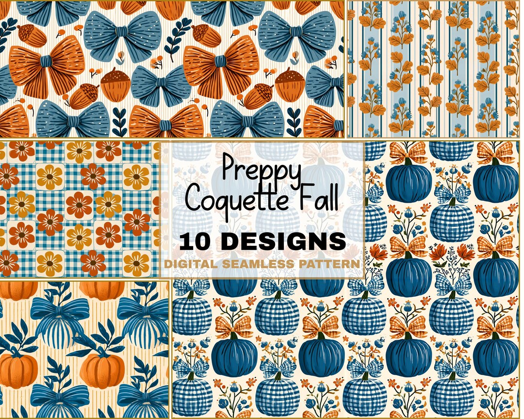 Preppy Coquette Fall Seamless Pattern Bundle Pumpkins, Bows, Plaid and ...