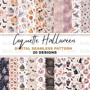 Peut inclure: Collection de motifs numériques sans couture "Coquette Halloween" avec 20 motifs. Les motifs incluent des citrouilles, des chauves-souris, des chapeaux de sorcière et d'autres illustrations sur le thème d'Halloween en rose, noir et crème.