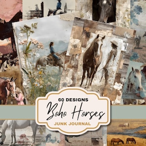 Puede incluir: Un collage de imágenes de estilo vintage con caballos y jinetes, en una estética bohemia. Las imágenes utilizan tonos apagados de marrón, beige y rosa. El texto en la imagen dice "60 Designs Boho Horses Junk Journal."