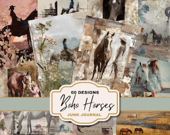 May include: A collage of vintage-style images featuring horses and riders in a rustic, bohemian aesthetic. The images are in muted tones of brown, beige, and pink. Text on the image reads "60 Designs Boho Horses Junk Journal."