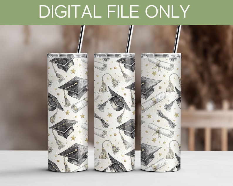three cylindrical tumblers with a graduation cap and tassel pattern printed on them.