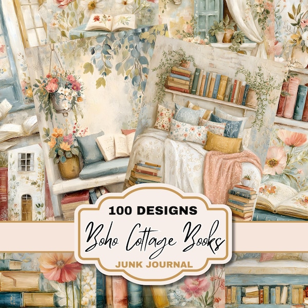 Zestaw stron dziennika Boho Cottage Book Junk Journal Cozy Cottagecore do pobrania w wersji cyfrowej