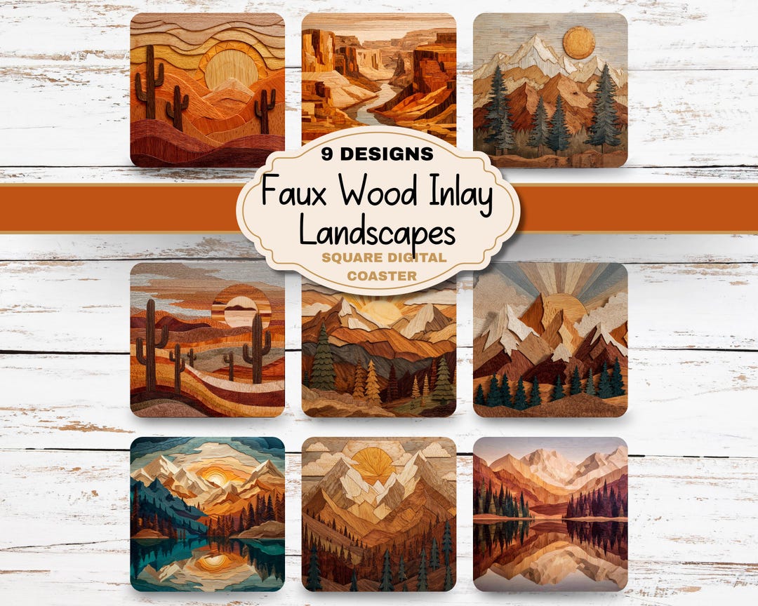 Coaster Inlay Design Faux Wood Inlay Coaster Bundle Nature Designs Mountain, Forest, Canyon ...