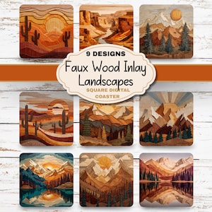 Può includere: Nove sottobicchieri quadrati con disegni di paesaggi intarsiati in finto legno. I sottobicchieri presentano scene di deserto, canyon e montagna con un sole o una luna. Il testo sull'immagine recita "9 Designs Faux Wood Inlay Landscapes Square Digital Coaster."