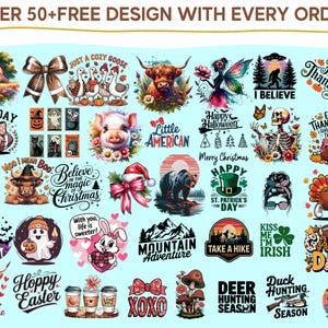 a collection of colorful and whimsical designs, including various holiday-themed motifs, animals, and text. The designs are diverse and creative, showcasing a range of styles and themes.