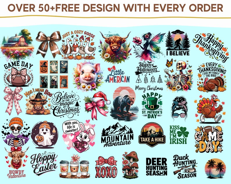 a collection of colorful and whimsical designs, including various holiday-themed motifs, animals, and text. The designs are diverse and creative, showcasing a range of styles and themes.