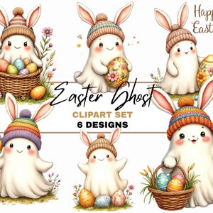 Easter Ghost Bunny Beanie Clipart Set Spring Holiday Artwork Digital Download