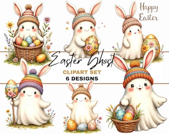 Easter Ghost Bunny Beanie Clipart Set Spring Holiday Artwork Digital Download