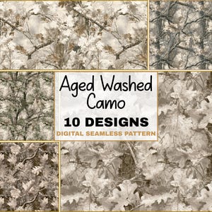 May include: A digital collection of 10 seamless patterns featuring aged washed camo designs with oak leaves and tree branches in shades of brown, beige, and grey. The central text reads Aged Washed Camo 10 DESIGNS DIGITAL SEAMLESS PATTERN.