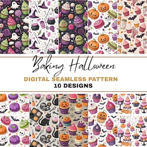 May include: A digital seamless pattern design featuring ten unique Halloween-themed patterns. The patterns include cupcakes, pumpkins, ghosts, bats, and baking tools. The text "Baking Halloween" and "Digital Seamless Pattern" are also included.