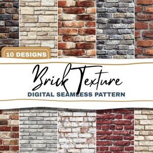 Può includere: Un motivo digitale senza cuciture con dieci design di texture di mattoni. L'immagine presenta vari stili di mattoni, tra cui rosso, grigio e marrone, con diverse trame. Viene visualizzato anche il testo "Brick Texture" e "Digital Seamless Pattern".