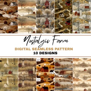 Puede incluir: Una colección de diez patrones digitales sin costuras con un tema de granja nostálgica. Los patrones presentan ilustraciones de graneros, casas, árboles y colinas en tonos marrones, beige y rojos. También se ve el texto "Nostalgic Farm" y "Digital Seamless Pattern".