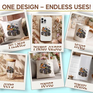 The image is a collage of six images featuring various items with a monster truck theme, including pillows, a phone case, mugs, cups, a towel, and a tote bag.