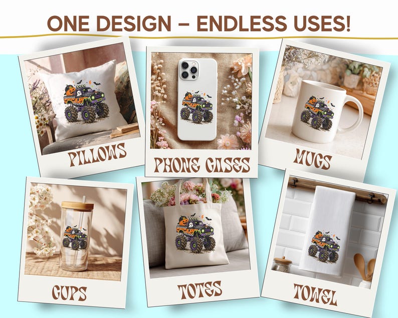 The image is a collage of six images featuring various items with a monster truck theme, including pillows, a phone case, mugs, cups, a towel, and a tote bag.