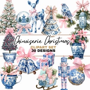 Könnte beinhalten: Eine Sammlung von Chinoiserie-Weihnachts-Cliparts. Das Bild zeigt verschiedene Weihnachtsdekorationen, darunter einen Weihnachtsbaum, ein Reh, eine Schneekugel, Ornamente und Geschenke, alles in Blau und Weiß mit rosa Akzenten.