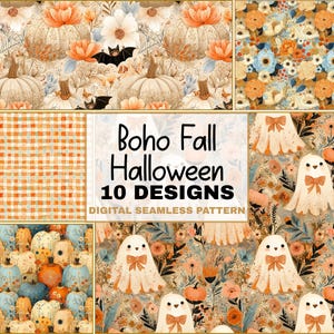Op de afbeelding: Een digitale naadloze patrooncollectie met herfst- en Halloween-ontwerpen. De patronen bevatten pompoenen, vleermuizen, geesten en bloemelementen in tinten oranje, crème en blauw. De tekst "Boho Fall Halloween 10 Designs" wordt weergegeven.