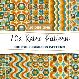 Peut inclure: Un motif numérique sans couture présentant dix motifs rétro des années 1970. Les motifs comprennent des formes géométriques, des motifs floraux et des lignes ondulées dans des tons d'orange, de marron, de sarcelle et de crème. Le texte "70s Retro Pattern" et "Digital Seamless Pattern" sont affichés.