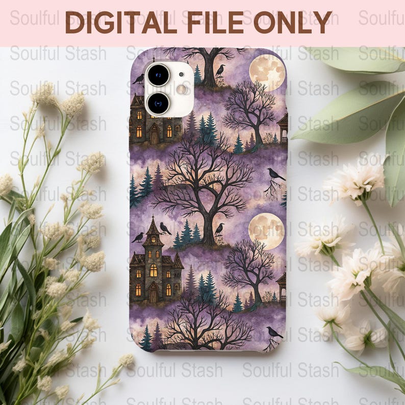 Gothic Forest Phone Case, Spooky Trees and Haunted House Design, Purple Hues, Protective Smartphone Cover