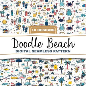 Doodle Beach Seamless Pattern Bundle Cute kids Summer Digital Download