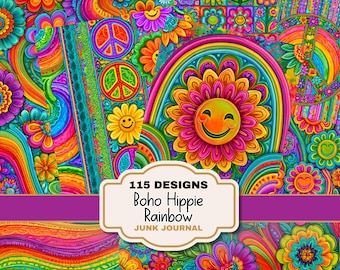 May include: A vibrant, colorful digital art piece with a boho hippie rainbow theme. The design features a smiling flower, rainbows, peace signs, and floral patterns in shades of orange, pink, yellow, green, and blue. Text reads "115 Designs Boho Hippie Rainbow Junk Journal."