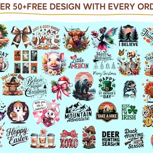 a collection of colorful and whimsical designs, including various holiday-themed motifs, animals, and text. The designs are diverse and creative, showcasing a range of styles and themes.