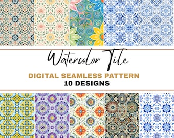 Seamless Tile Pattern PNG Seamless Bundle , Watercolor Italian Tile Patterns, Mediterranean Digital Download,Scrapbook Paper