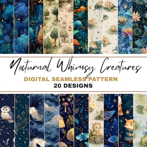 Puede incluir: Una colección de 20 patrones digitales sin costuras con un tema caprichoso y nocturno. Los diseños presentan ilustraciones de bosques, criaturas y elementos celestiales en tonos de azul, verde y beige. Se muestra el texto "Nocturnal Whimsy Creatures".