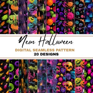Könnte beinhalten: Eine Sammlung von 20 digitalen nahtlosen Mustern mit einem Neon-Halloween-Thema. Die Muster zeigen verschiedene gruselige Designs, darunter Kürbisse, Totenköpfe, Fledermäuse und abstrakte Formen, in leuchtenden Neonfarben auf schwarzem Hintergrund. Der Text "Neon Halloween" wird angezeigt.