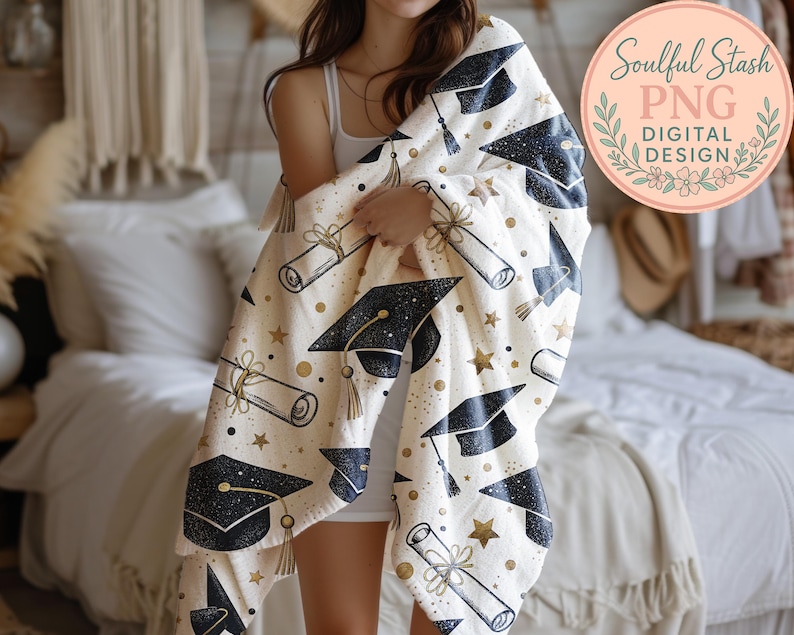 A person is standing in a bedroom, holding a white blanket with black graduation caps and stars printed on it.