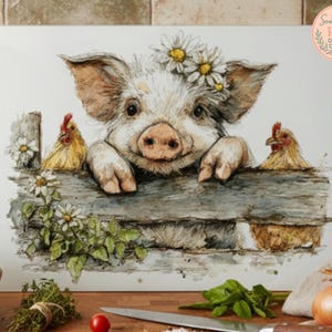 May include: Watercolor illustration of a pig wearing a daisy crown, peeking over a wooden fence with two chickens. The pig has a pink snout and is surrounded by greenery and flowers. The image has a rustic, farmhouse aesthetic.