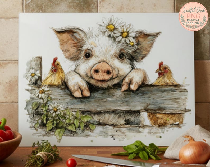 May include: Watercolor illustration of a pig wearing a daisy crown, peeking over a wooden fence with two chickens. The pig has a pink snout and is surrounded by greenery and flowers. The image has a rustic, farmhouse aesthetic.