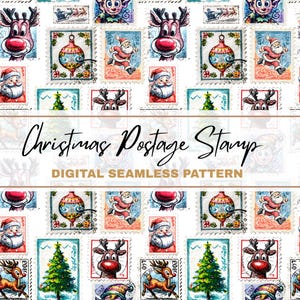 May include: A digital seamless pattern featuring Christmas postage stamps. The stamps showcase festive illustrations of Santa Claus, reindeer, Christmas trees, and ornaments. The text "Christmas Postage Stamp" is displayed in a decorative font.