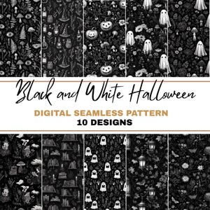 Op de afbeelding: Een verzameling van tien zwarte en witte naadloze digitale patronen met een Halloween-thema. Ontwerpen omvatten pompoenen, geesten, heksenhoeden en botanische elementen. De tekst luidt "Black and White Halloween" en "Digital Seamless Pattern 10 Designs".