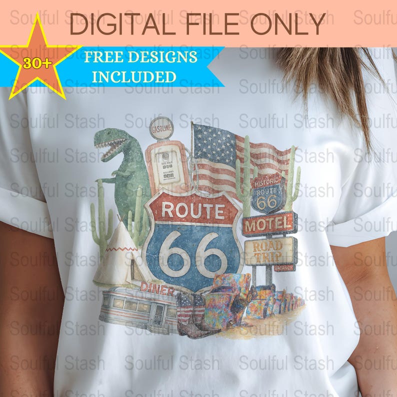 Route 66 USA Flag Dinosaur Graphic T-Shirt, Vintage Travel Tee, Patriotic American Road Trip Design, Unisex Clothing