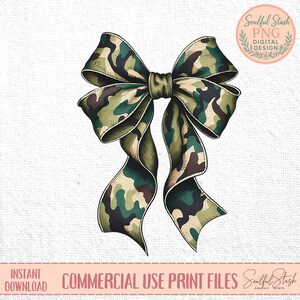May include: A digitally rendered camouflage bow with long, flowing tails. The bow features a detailed design with shades of green, brown, and black. The image includes text that reads "Soulful Stash PNG Digital Design" and "Commercial Use Print Files".