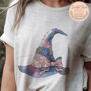 May include: A light-colored t-shirt featuring a colorful patchwork witch hat design. The hat is adorned with a large bow and various fabric patterns, including floral and star prints. The text "Soulful Stash PNG DIGITAL DESIGN" is visible.