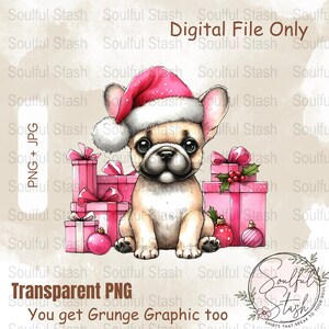 Aquarell Süße Französische Bulldogge mit Weihnachtsmütze, Weihnachten Digitaler Download, Weihnachtskunst, Festliche Hundekunst für Feiertagskarten, Hundeliebhaber PNG