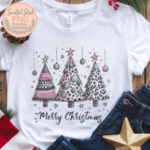Merry Christmas Trees PNG Clipart, Retro Design Digital Download, Christmas Sublimation Design, Pink Leopard Print Trees Art