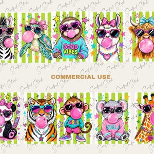 May include: A digital illustration set featuring nine animals including a zebra, turtle, sloth, llama, highland cow, panda, tiger, monkey, koala, and giraffe. Each animal wears pink sunglasses and blows a pink bubblegum bubble against a green striped background.