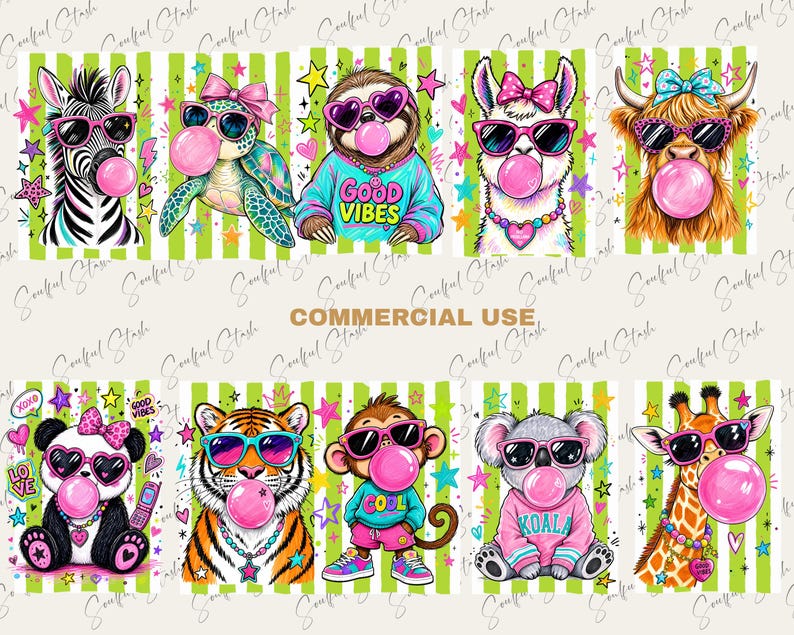 May include: A digital illustration set featuring nine animals including a zebra, turtle, sloth, llama, highland cow, panda, tiger, monkey, koala, and giraffe. Each animal wears pink sunglasses and blows a pink bubblegum bubble against a green striped background.